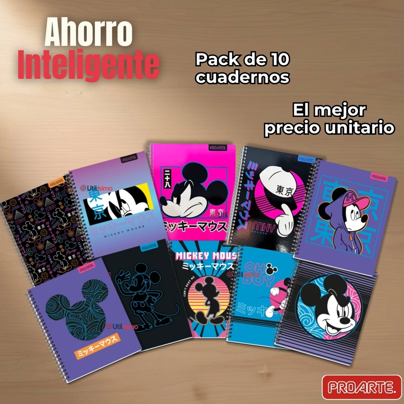 PACK 10 CUADERNOS UNIVERSITARIOS MICKEY MOUSE PROARTE 7MM 100 HOJAS DISEÑOS SURTIDOS - 7