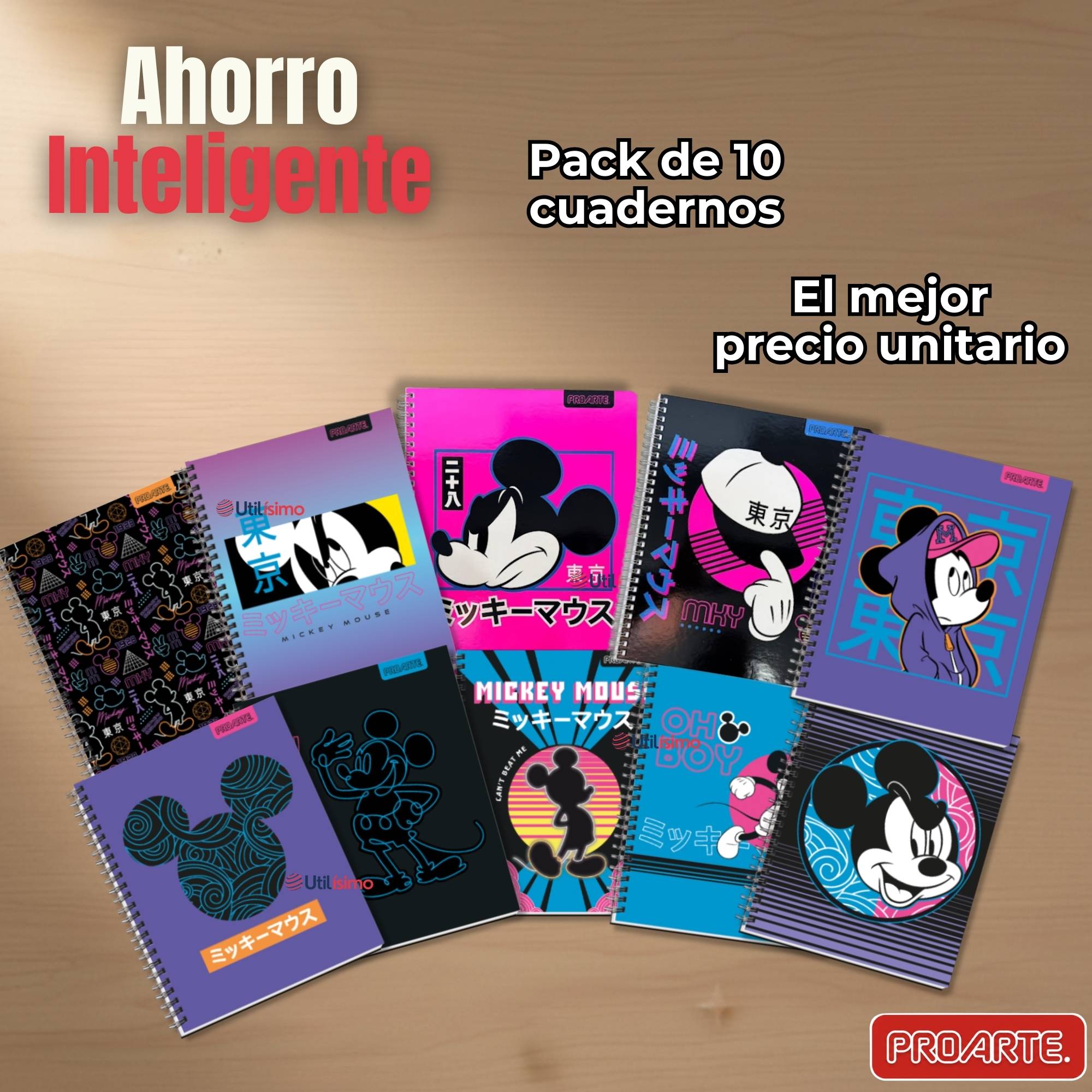 PACK 10 CUADERNOS UNIVERSITARIOS MICKEY MOUSE PROARTE 7MM 100 HOJAS DISEÑOS SURTIDOS - 9