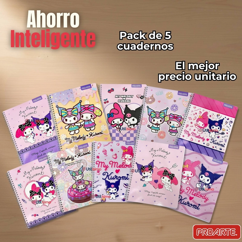 PACK 5 CUADERNOS UNIVERSITARIO MY MELODY & KUROMI PROARTE 7MM 100 HOJAS DISEÑOS SURTIDOS - 8