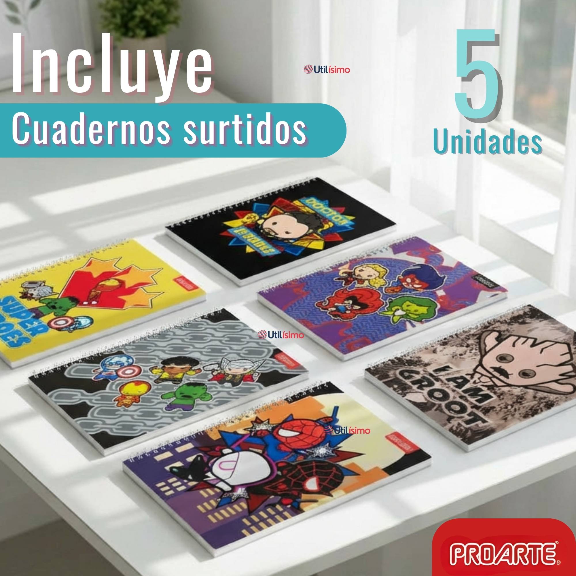 PACK 5 CUADERNOS UNIVERSITARIOS MARVEL HEROES 100 HOJAS PROARTE DISEÑOS SURTIDOS - 3
