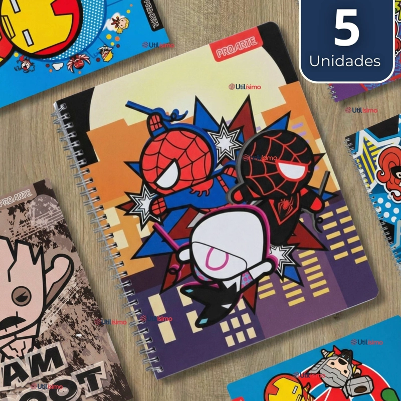 PACK 5 CUADERNOS UNIVERSITARIOS MARVEL HEROES 100 HOJAS PROARTE DISEÑOS SURTIDOS - 1