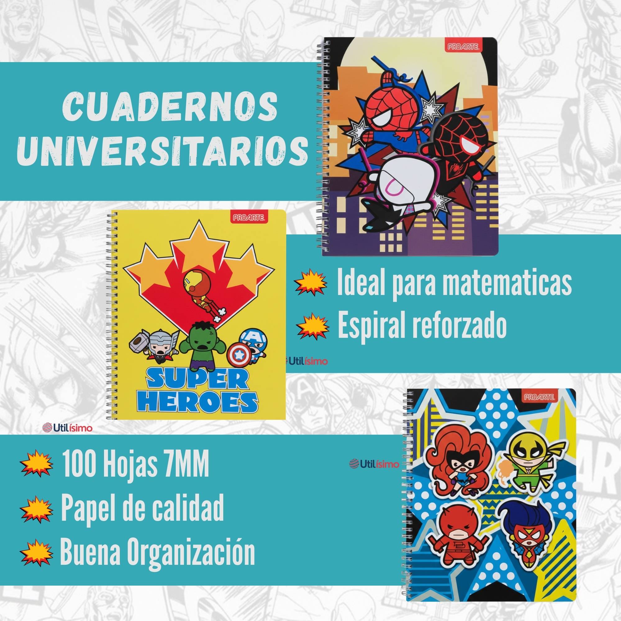 PACK 5 CUADERNOS UNIVERSITARIOS MARVEL HEROES 100 HOJAS PROARTE DISEÑOS SURTIDOS - 2