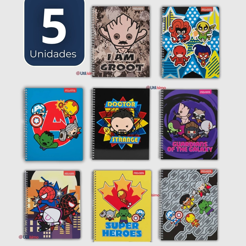 PACK 5 CUADERNOS UNIVERSITARIOS MARVEL HEROES 100 HOJAS PROARTE DISEÑOS SURTIDOS - 1