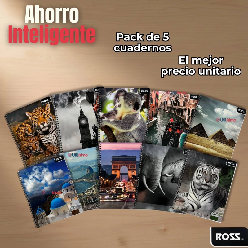 PACK 5 CUADERNOS UNIVERSITARIO ANIMAL & PLACES ROSS 7MM 100 HOJAS DISEÑOS SURTIDOS - 6