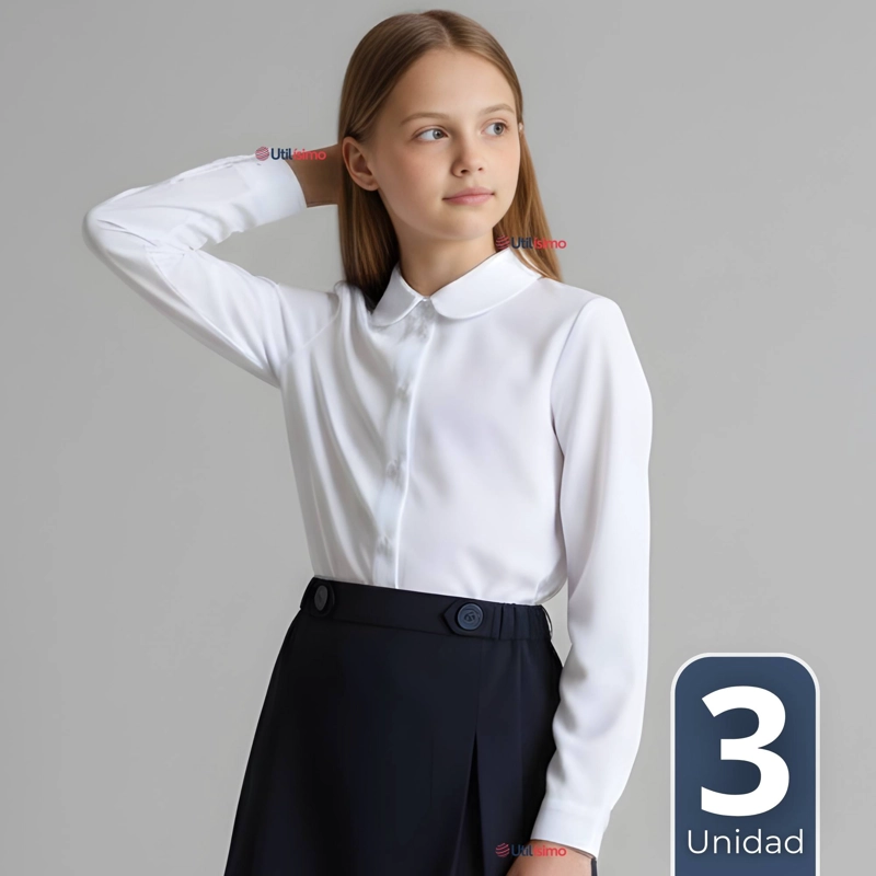 PACK 3 BLUSAS ESCOLAR CAMISA BLANCA MANGA LARGA COLEGIO PARA NIÑAS - 1