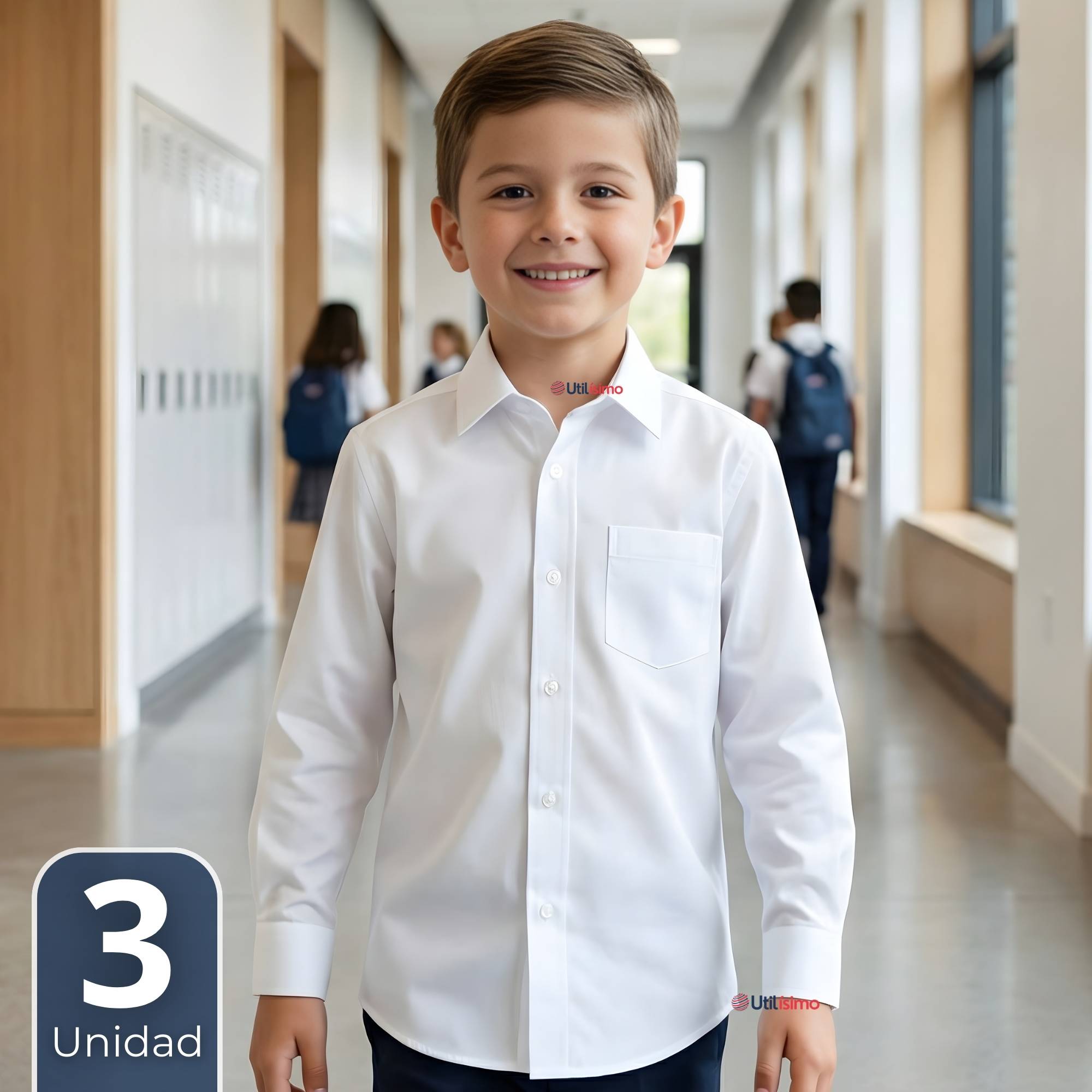 PACK 3 CAMISA ESCOLAR BLANCA MANGA LARGA COLEGIO PARA NIÑOS - 1