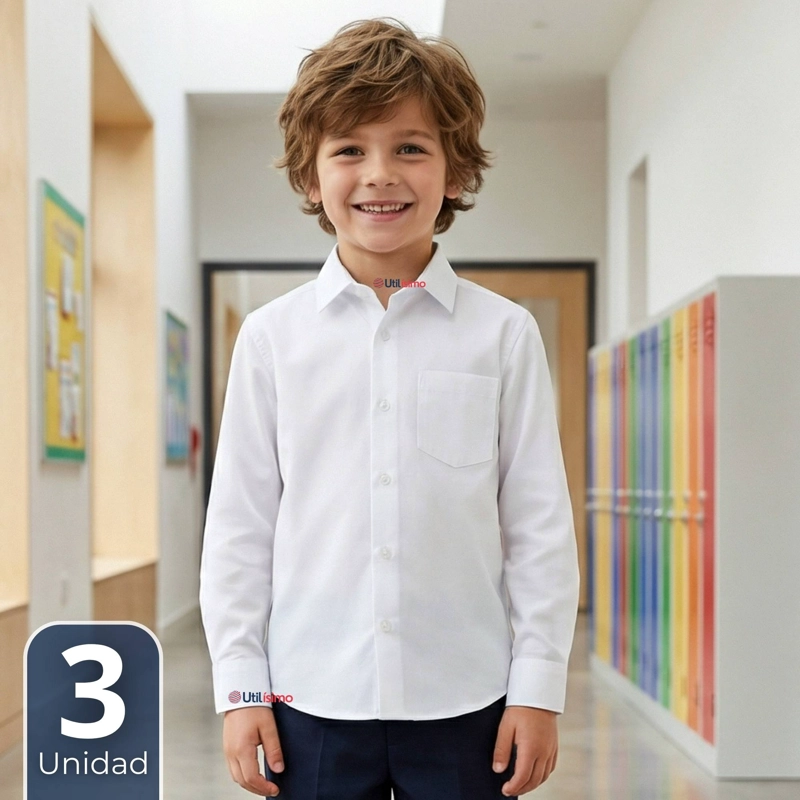 PACK 3 CAMISA ESCOLAR BLANCA MANGA LARGA COLEGIO PARA NIÑOS - 1