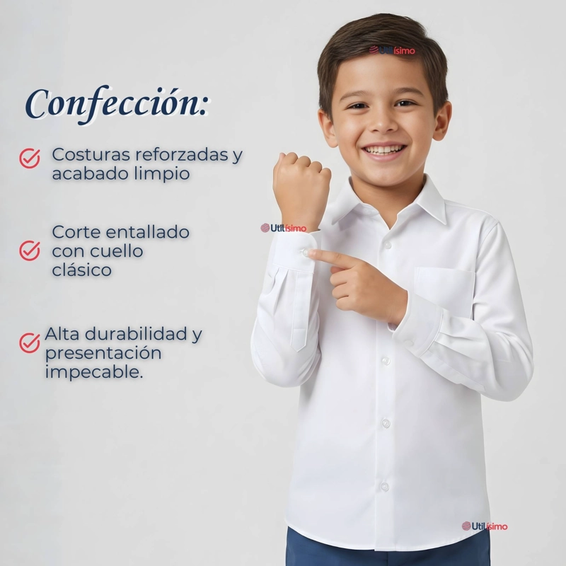 PACK 3 CAMISA ESCOLAR BLANCA MANGA LARGA COLEGIO PARA NIÑOS - 6