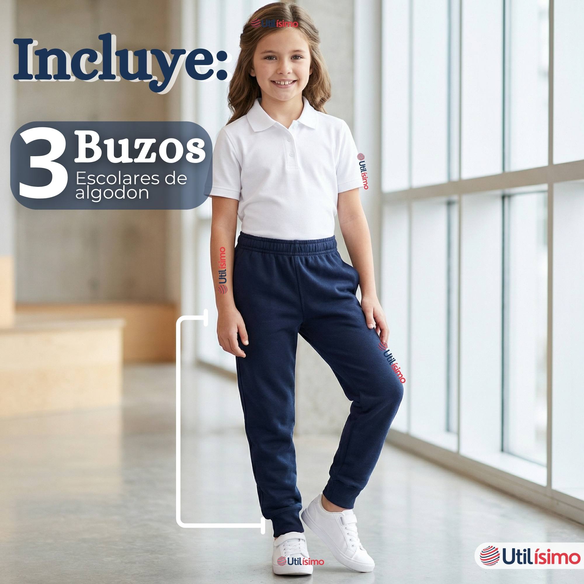 PACK 3 BUZOS PANTALONES ESCOLARES NIÑA UNISEX 100% ALGODON AZUL BOTA ACANALADA 3 A 16 AÑOS - 4