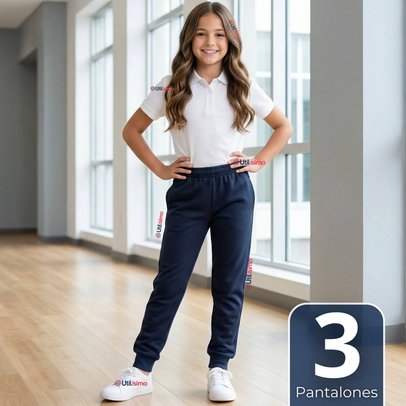 PACK 3 BUZOS PANTALONES ESCOLARES NIÑA UNISEX 100% ALGODON AZUL BOTA ACANALADA 3 A 16 AÑOS - 1