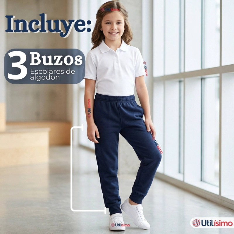 PACK 3 BUZOS PANTALONES ESCOLARES NIÑA UNISEX 100% ALGODON AZUL BOTA ACANALADA 3 A 16 AÑOS - 3