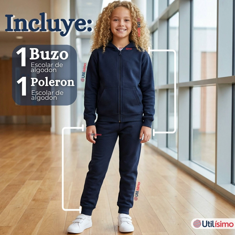 CONJUNTO ESCOLAR BUZO PANTALON Y POLERON 100% ALGODON NIÑA UNISEX AZUL 3 A 16 AÑOS - 7