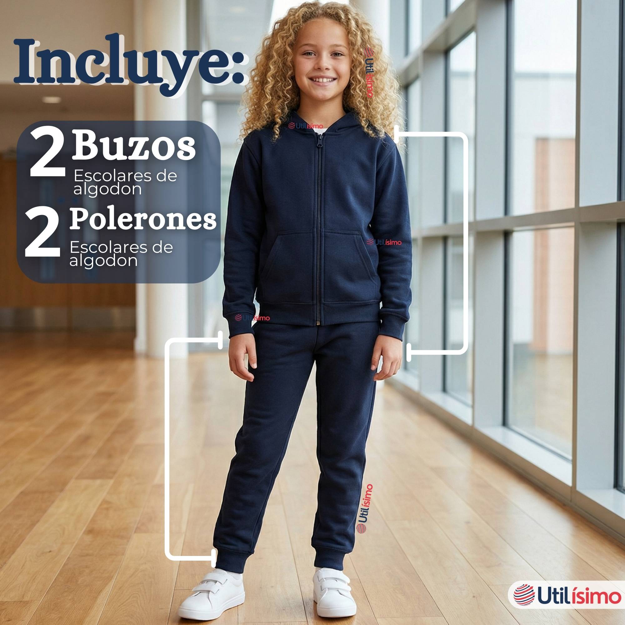 PACK 2 CONJUNTOS ESCOLARES BUZO PANTALON Y POLERON 100% ALGODON NIÑA UNISEX AZUL 3 A 16 AÑOS - 5
