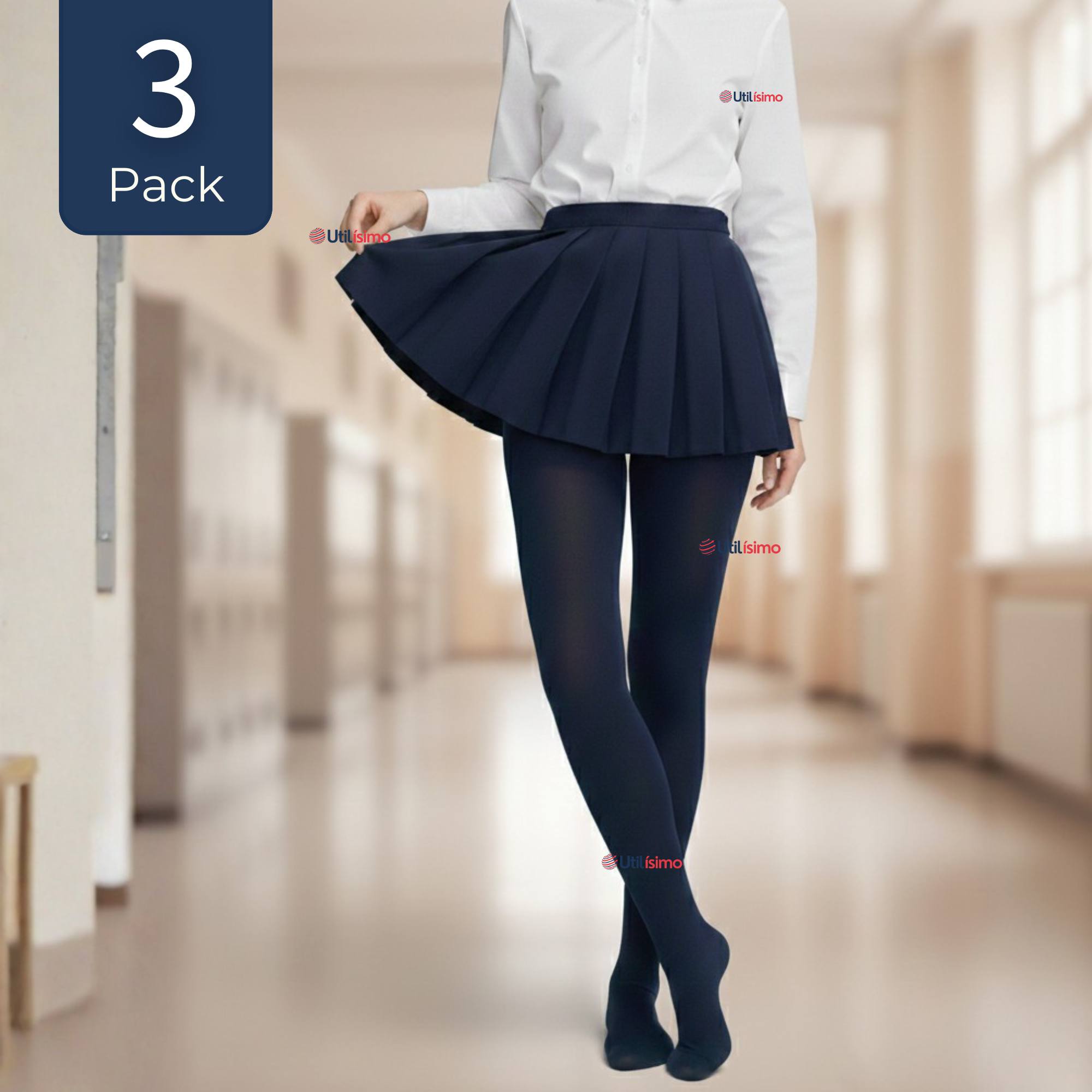 PACK 3 PANTY BALLERINAS ELASTICADAS ESCOLARES NIÑA ALGODON AZUL - 1