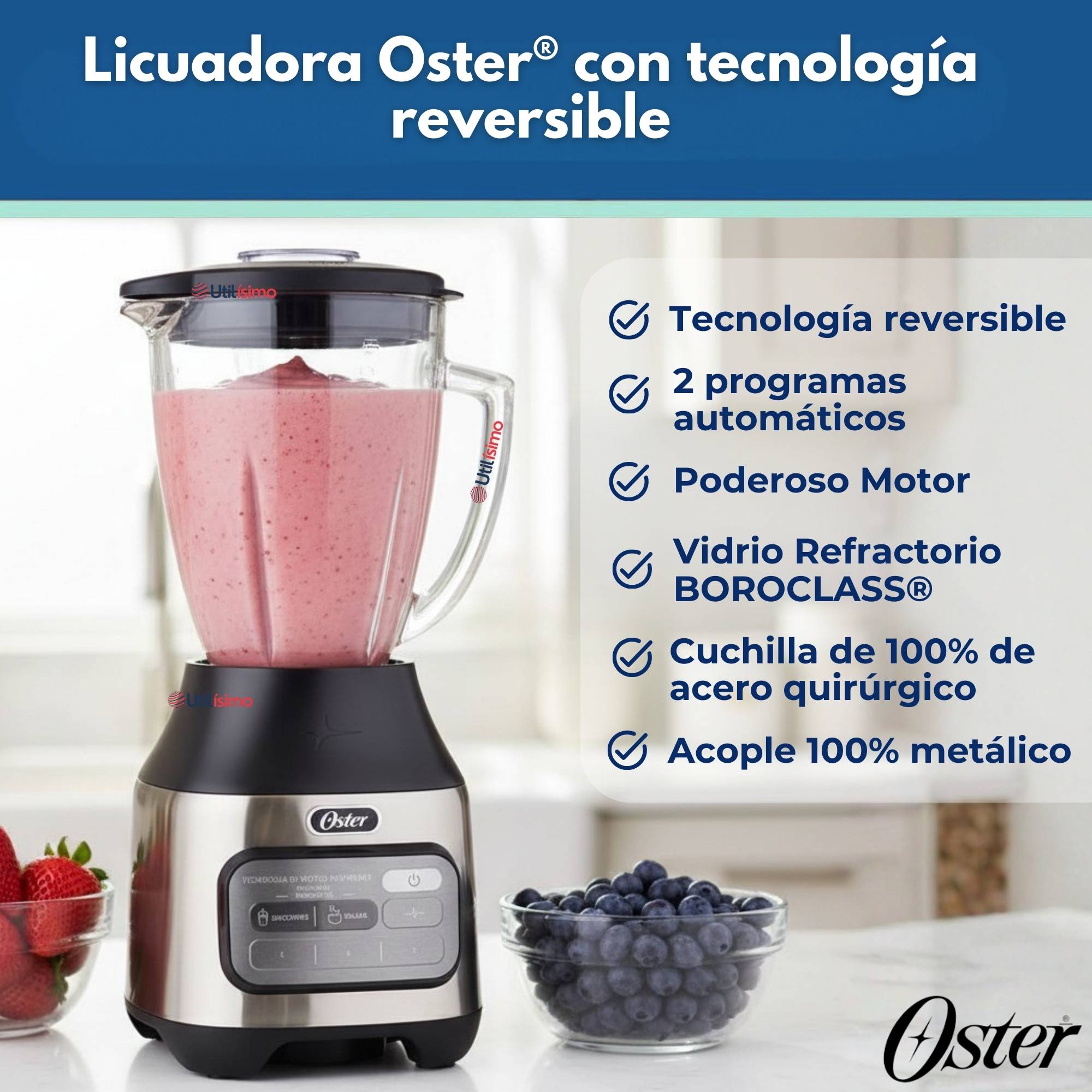 LICUADORA OSTER® CON TECNOLOGIA REVERSIBLE, 2 PROGRAMAS AUTOMATICOS Y 3 VELOCIDADES MAS PULSO - 6