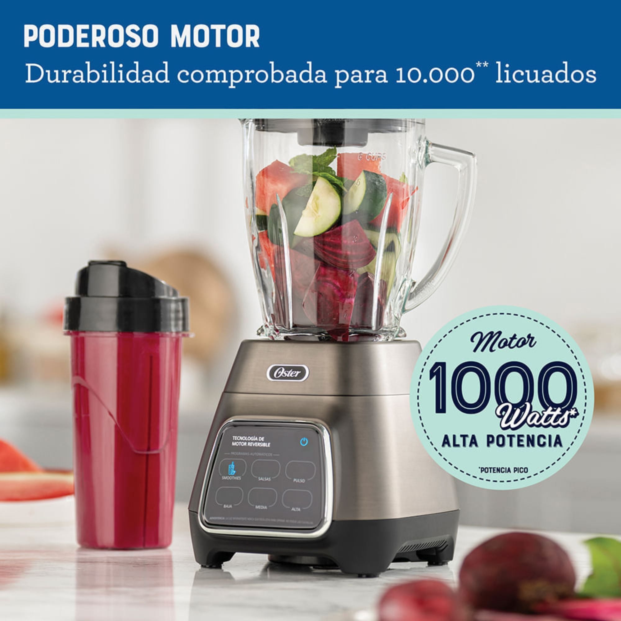LICUADORA OSTER® PROGRAMAS AUTOMATICOS TECNOLOGIA REVERSIBLE,TACTIL Y VASO BLEND-N-GO BLSTPYG1312XBG - 3