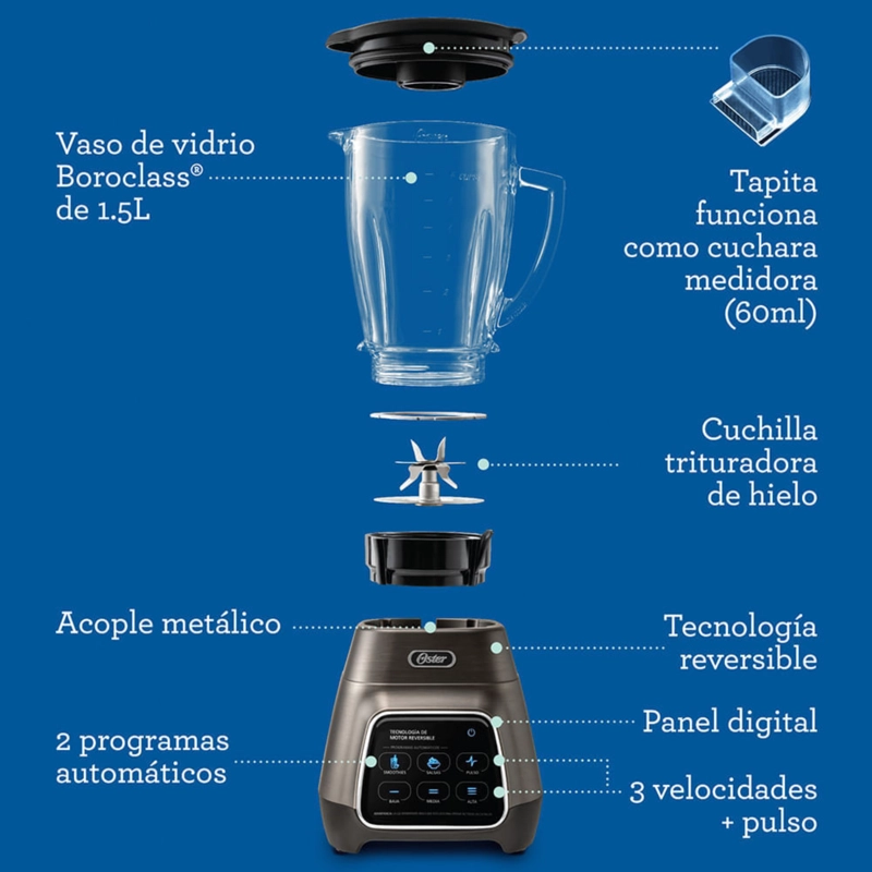 LICUADORA OSTER® PROGRAMAS AUTOMATICOS TECNOLOGIA REVERSIBLE,TACTIL Y VASO BLEND-N-GO BLSTPYG1312XBG - 5