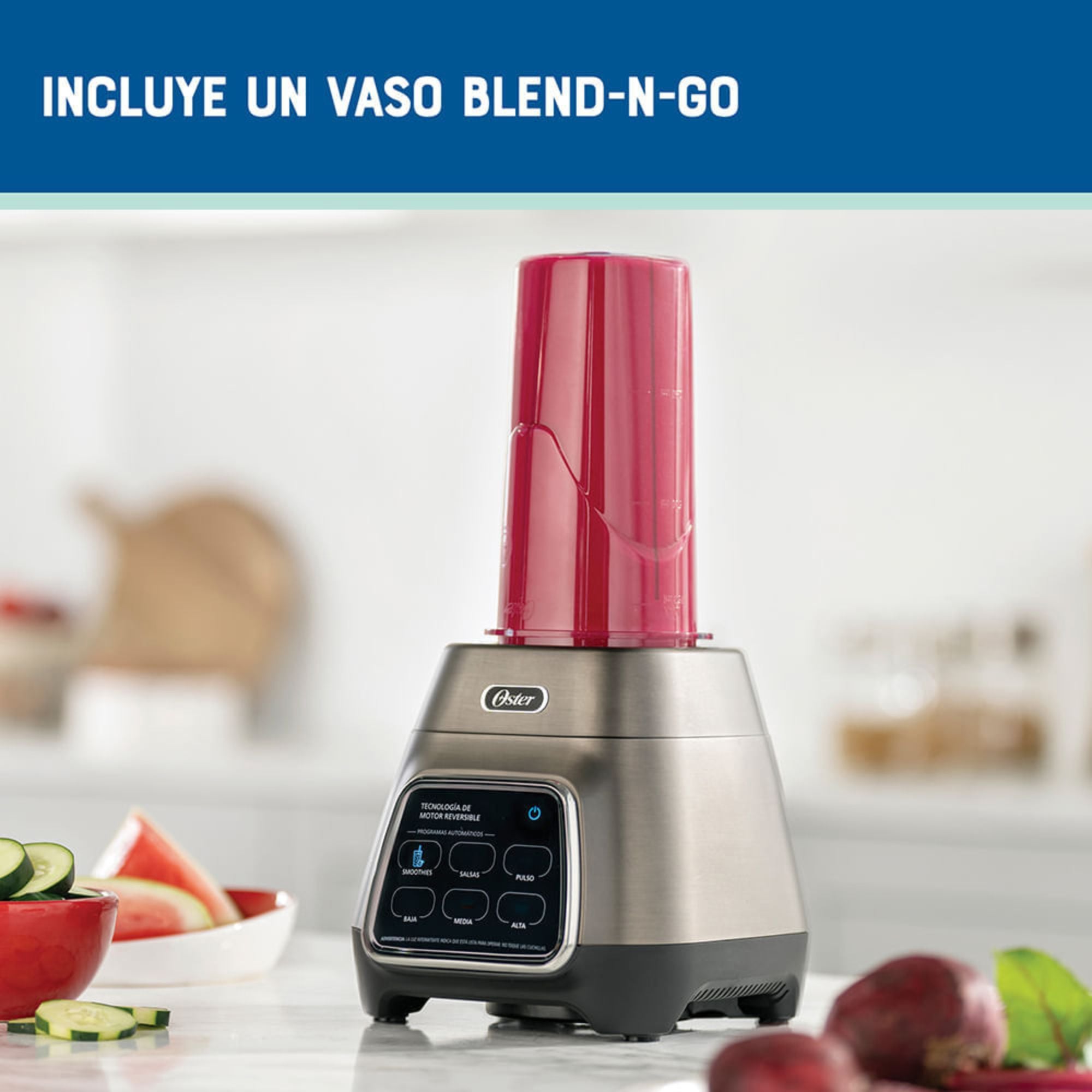 LICUADORA OSTER® PROGRAMAS AUTOMATICOS TECNOLOGIA REVERSIBLE,TACTIL Y VASO BLEND-N-GO BLSTPYG1312XBG - 4