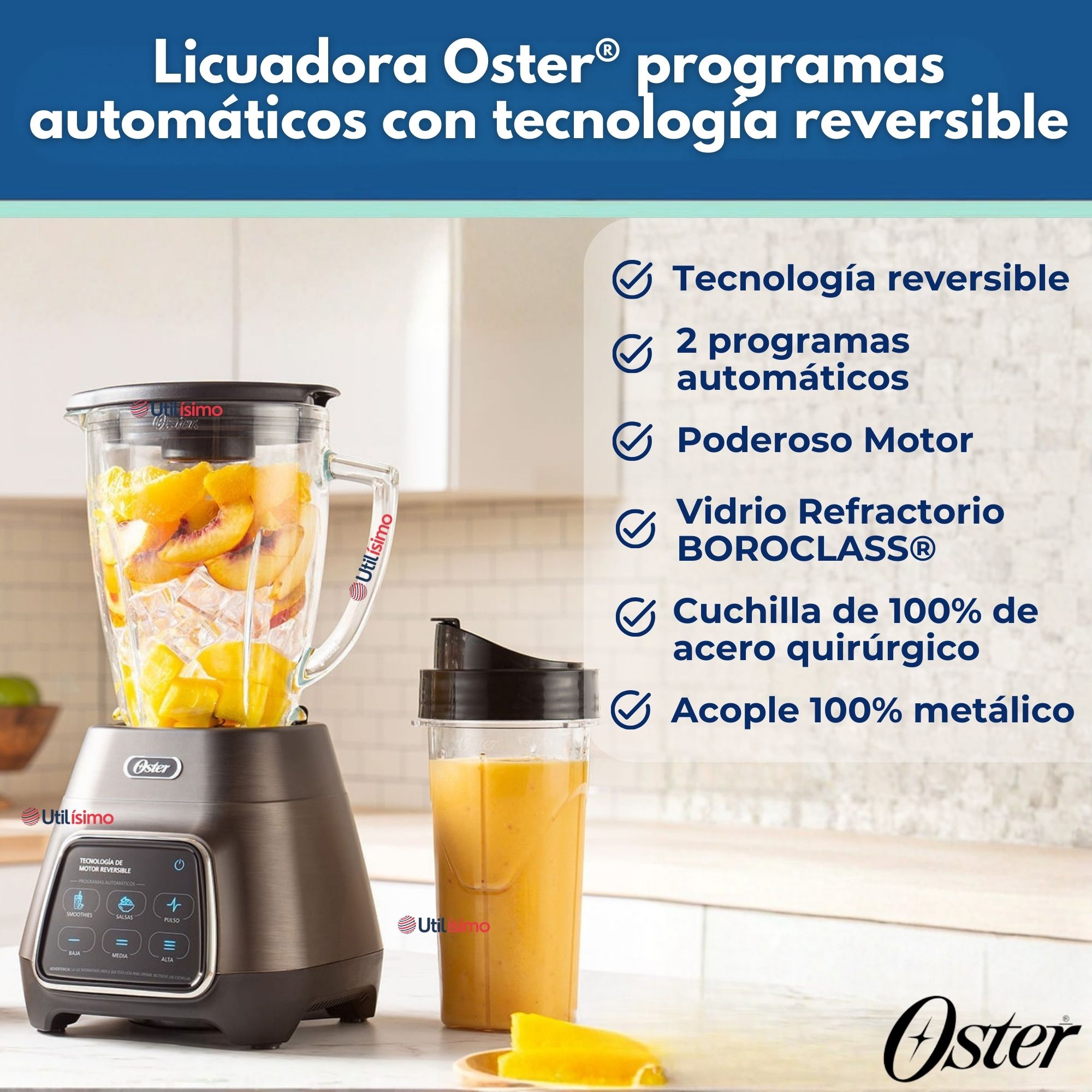LICUADORA OSTER® PROGRAMAS AUTOMATICOS TECNOLOGIA REVERSIBLE,TACTIL Y VASO BLEND-N-GO BLSTPYG1312XBG - 7