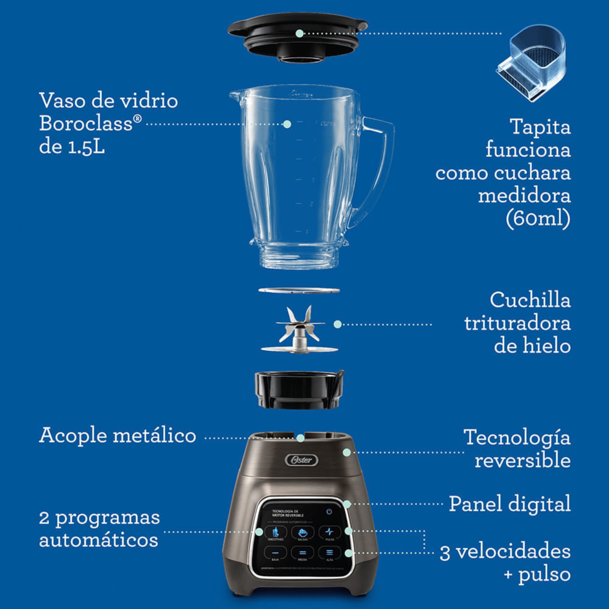 LICUADORA OSTER® PROGRAMAS AUTOMATICOS TECNOLOGIA REVERSIBLE,TACTIL Y VASO BLEND-N-GO BLSTPYG1312XBG - 8
