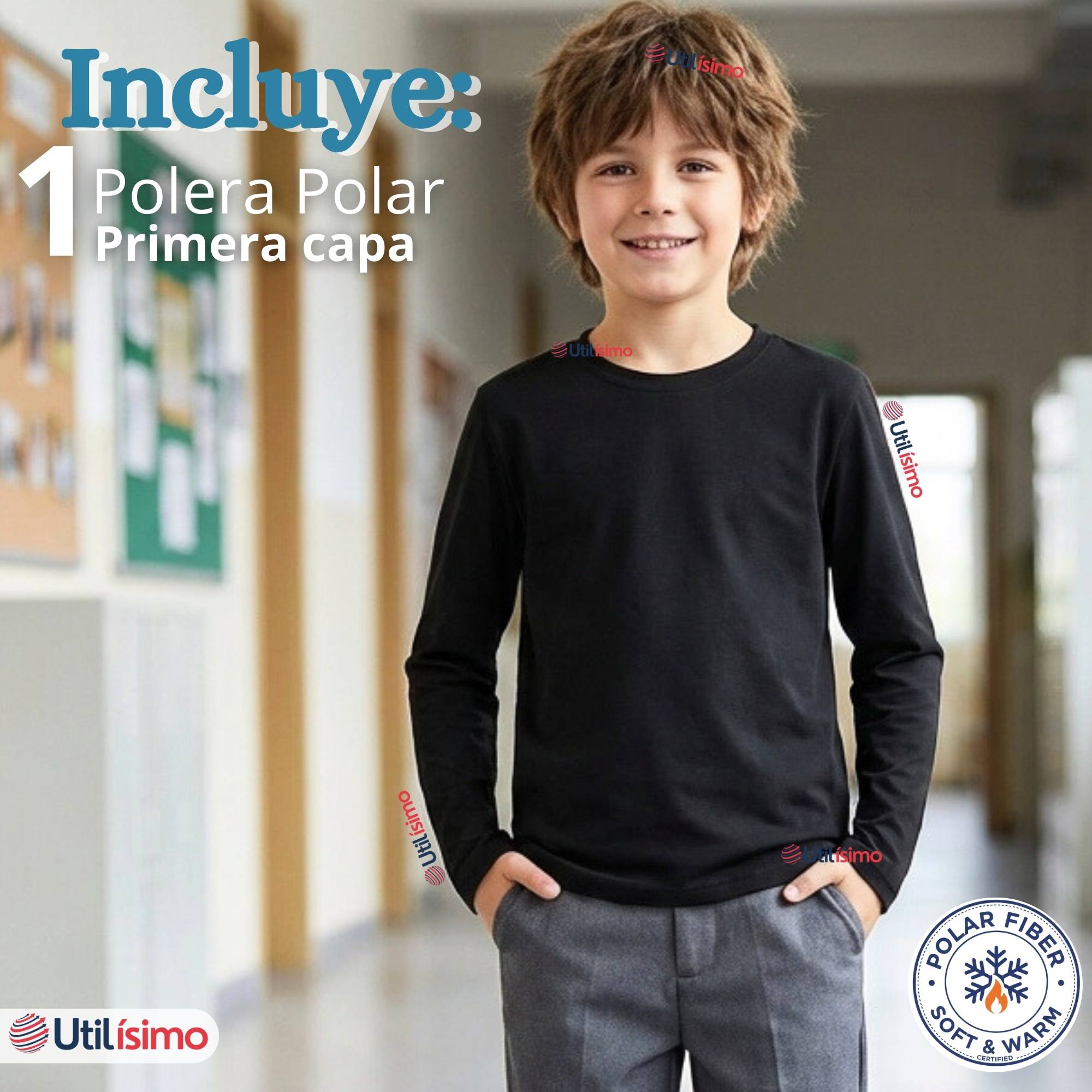 POLERA CAMISETA POLAR NEGRA PRIMERA CAPA ESCOLAR CUELLO REDONDO MANGA LARGA NIÑO - 4
