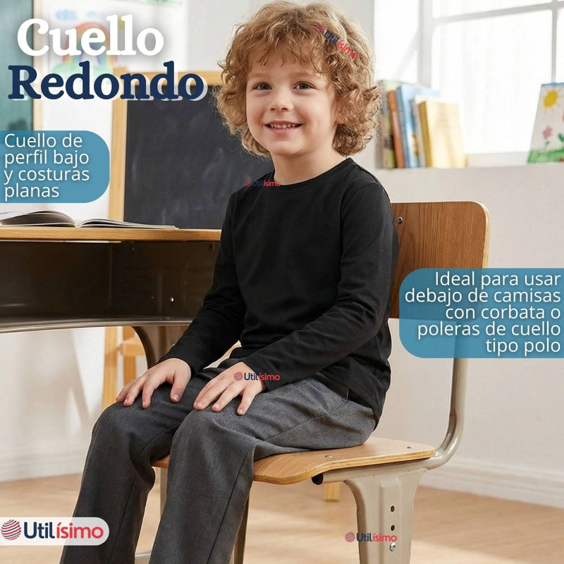 POLERA CAMISETA POLAR NEGRA PRIMERA CAPA ESCOLAR CUELLO REDONDO MANGA LARGA NIÑO - 7