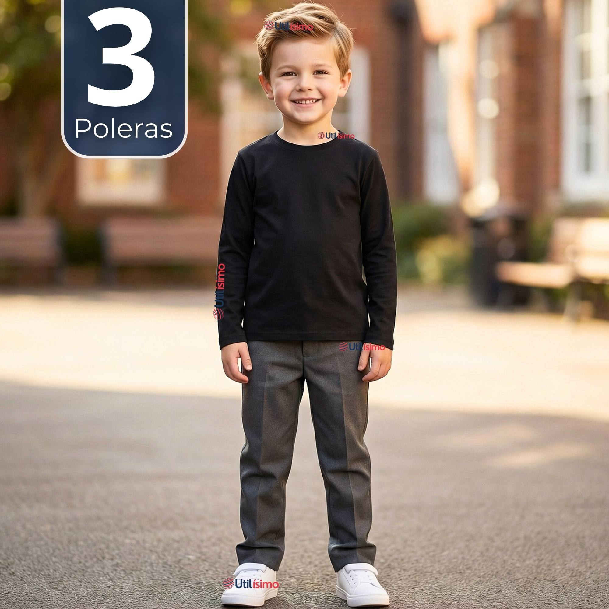 PACK 3 POLERAS CAMISETAS POLAR NEGRA PRIMERA CAPA ESCOLAR CUELLO REDONDO MANGA LARGA NIÑ0 - 1
