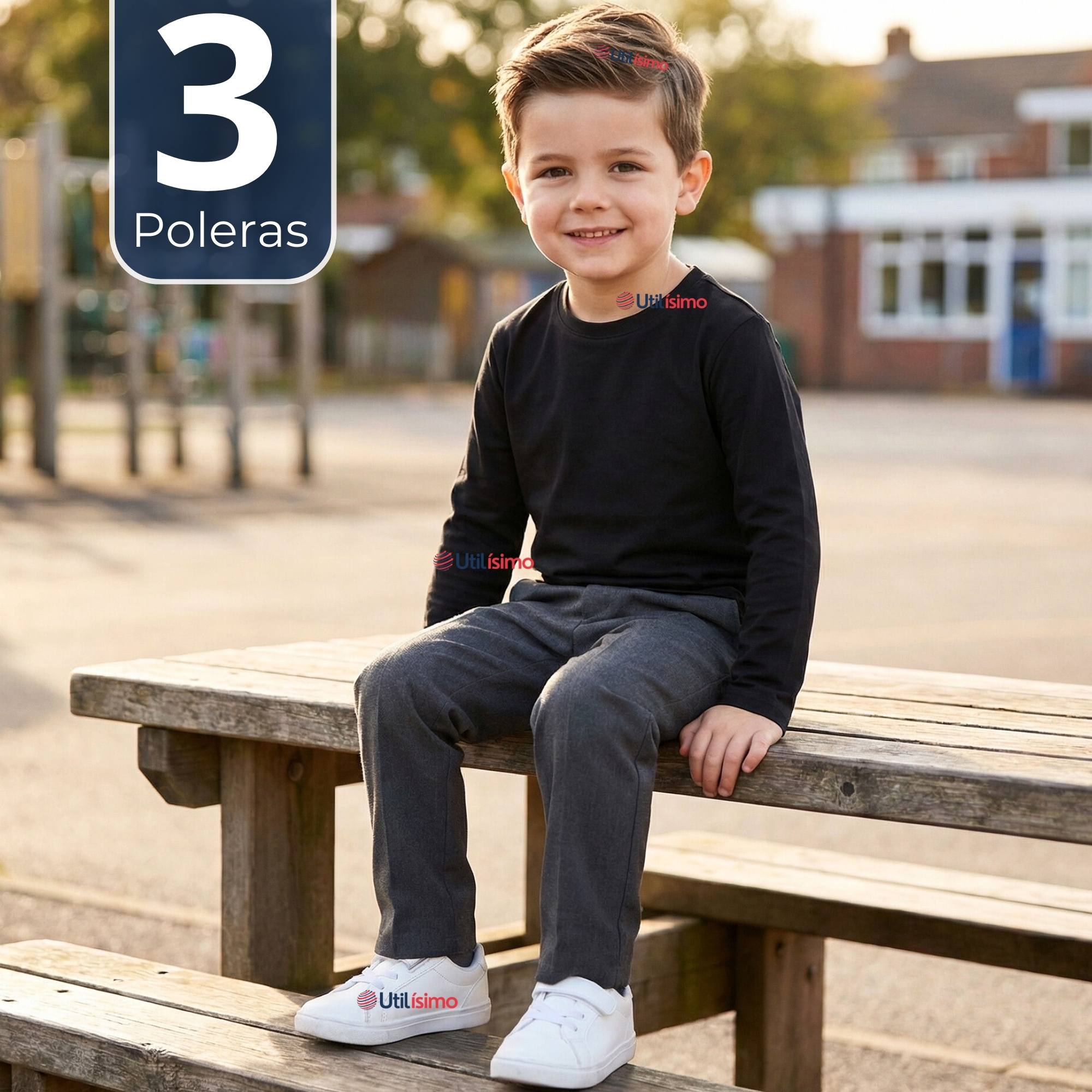 PACK 3 POLERAS CAMISETAS POLAR NEGRA PRIMERA CAPA ESCOLAR CUELLO REDONDO MANGA LARGA NIÑO - 1