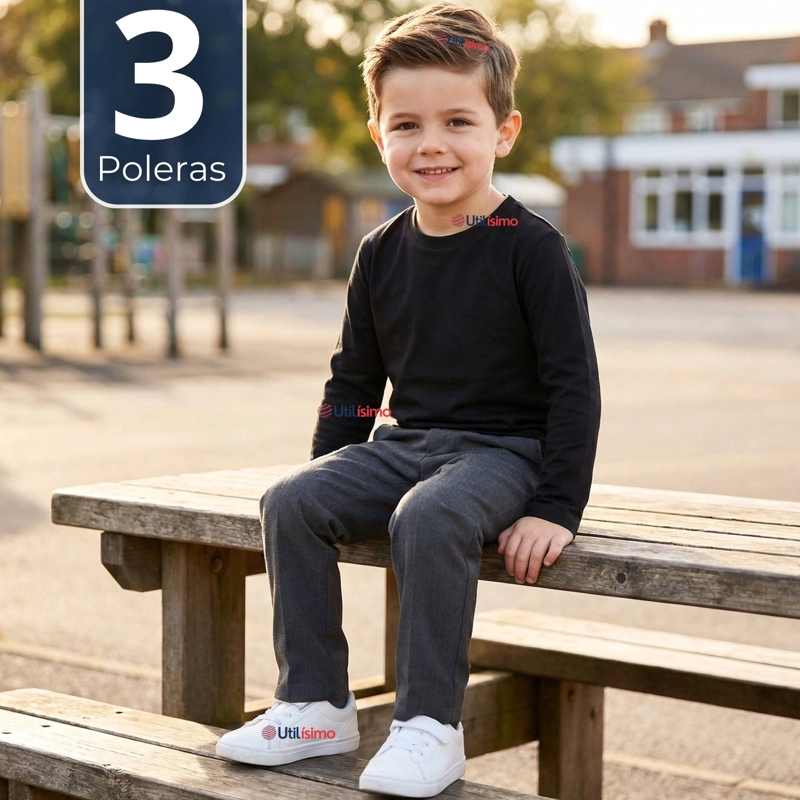 PACK 3 POLERAS CAMISETAS POLAR NEGRA PRIMERA CAPA ESCOLAR CUELLO REDONDO MANGA LARGA NIÑO - 1