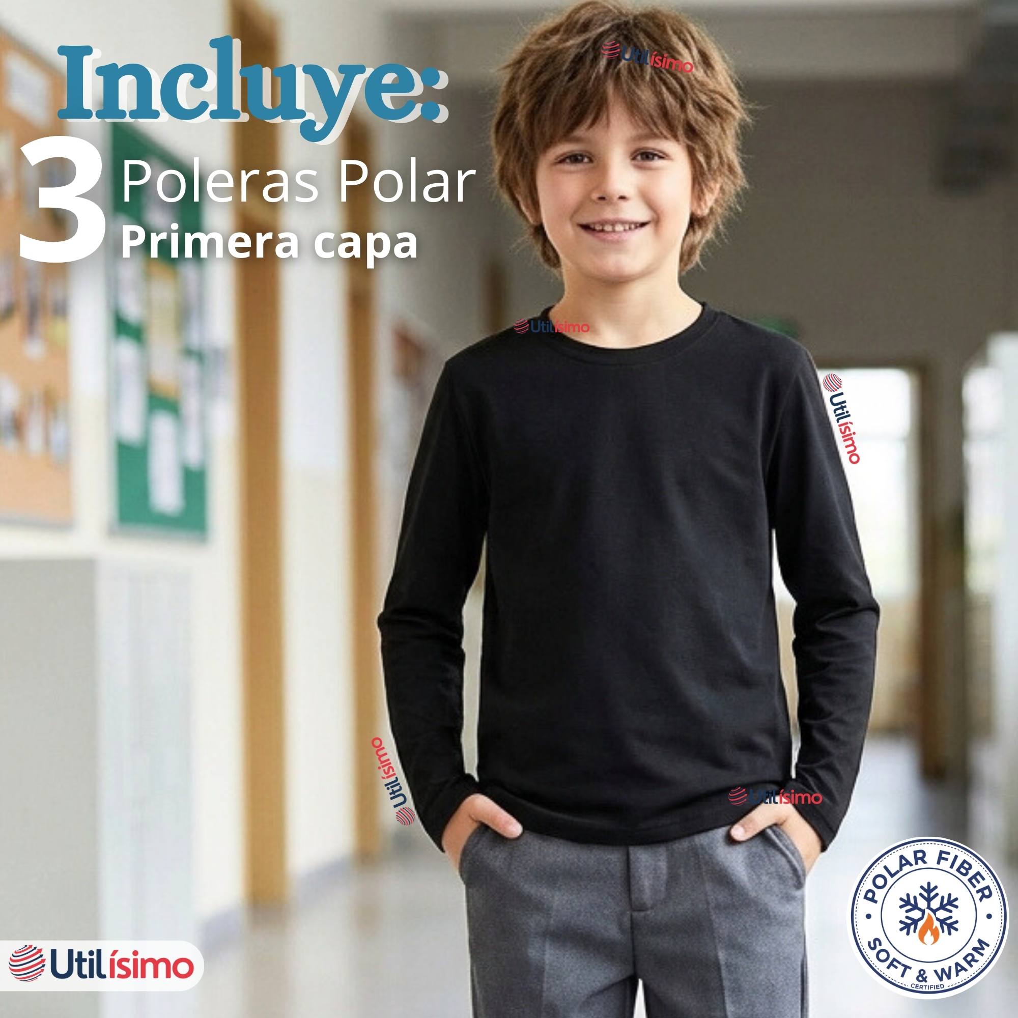 PACK 3 POLERAS CAMISETAS POLAR NEGRA PRIMERA CAPA ESCOLAR CUELLO REDONDO MANGA LARGA NIÑO - 3