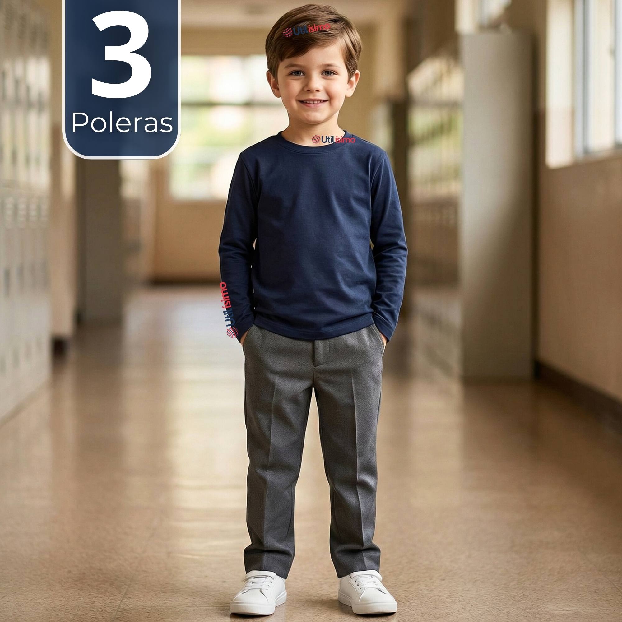 PACK 3 POLERAS CAMISETA POLAR AZUL PRIMERA CAPA ESCOLAR CUELLO REDONDO MANGA LARGA NIÑO - 1
