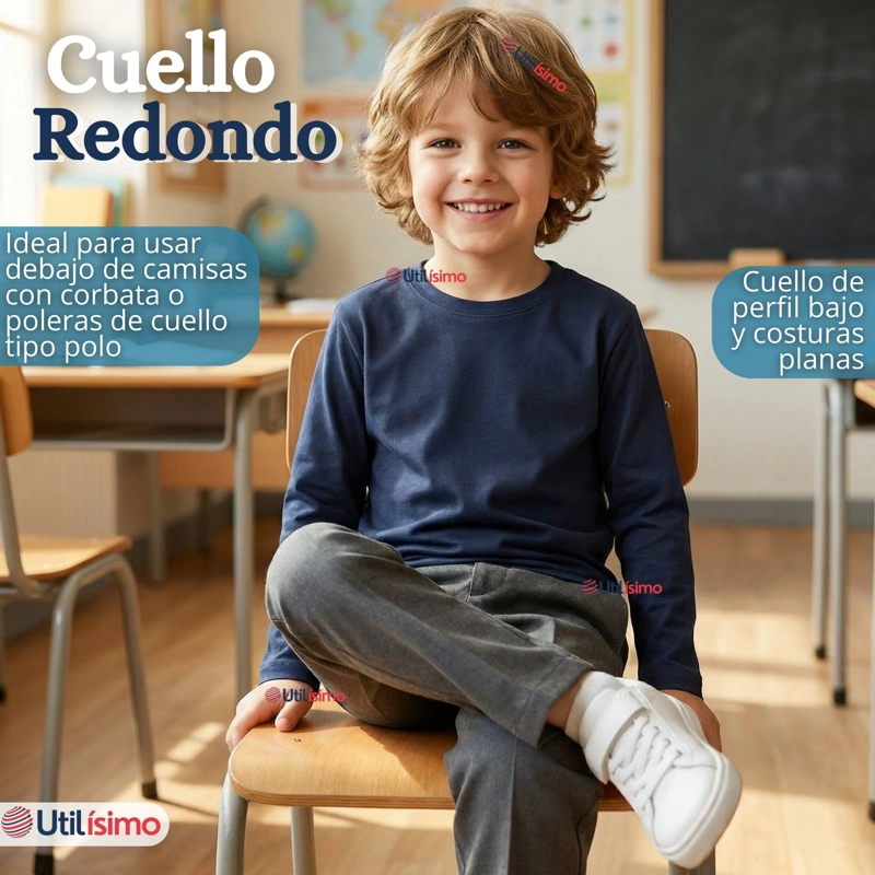 PACK 3 POLERAS CAMISETA POLAR AZUL PRIMERA CAPA ESCOLAR CUELLO REDONDO MANGA LARGA NIÑO - 9