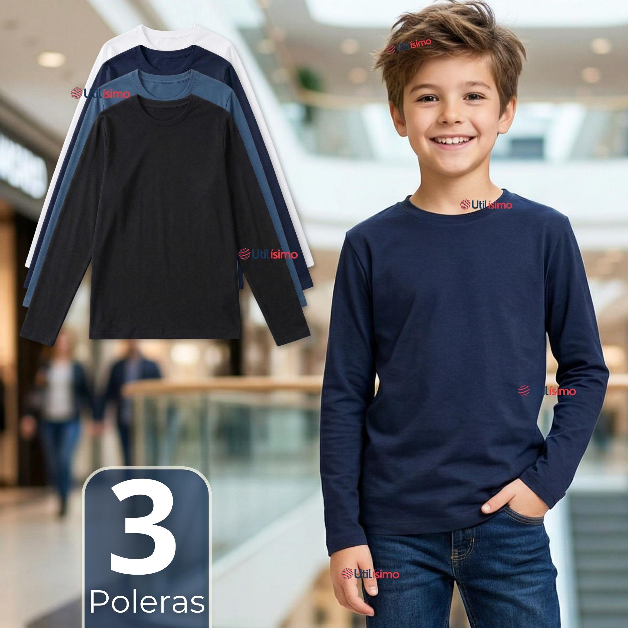 PACK 3 POLERAS CAMISETAS BAMBU CUELLO REDONDO PRIMERA CAPA MANGA LARGA COLORES SURTIDO NIÑO - 1