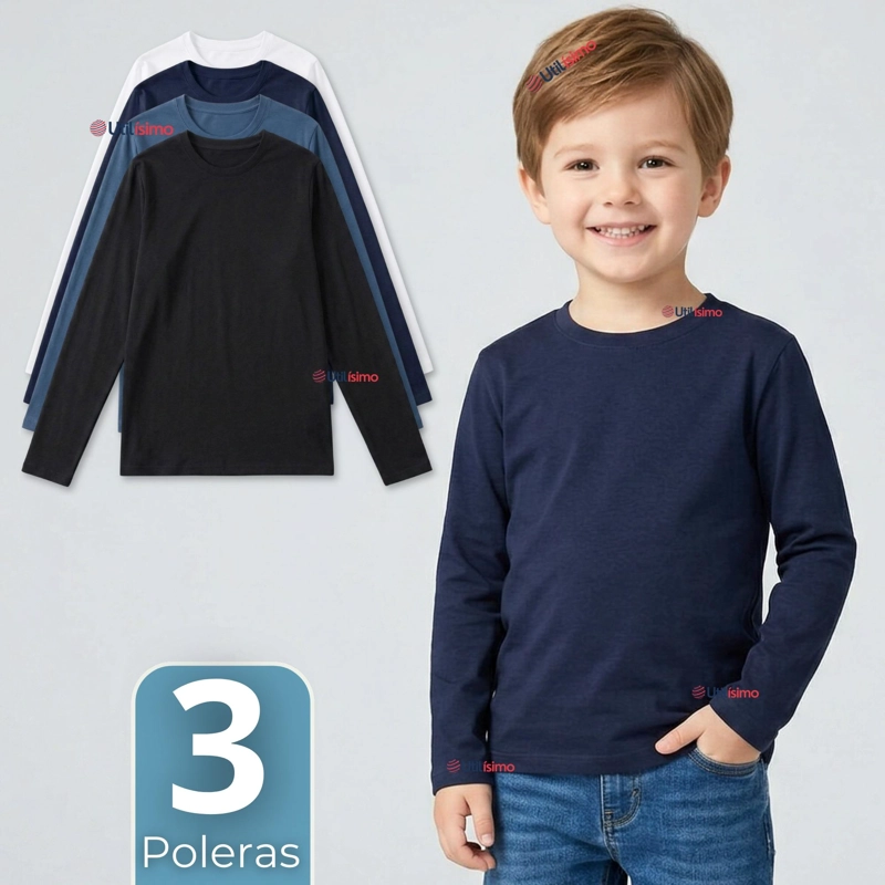 PACK 3 POLERAS CAMISETAS BAMBU CUELLO REDONDO PRIMERA CAPA MANGA LARGA COLORES SURTIDO NIÑO - 1