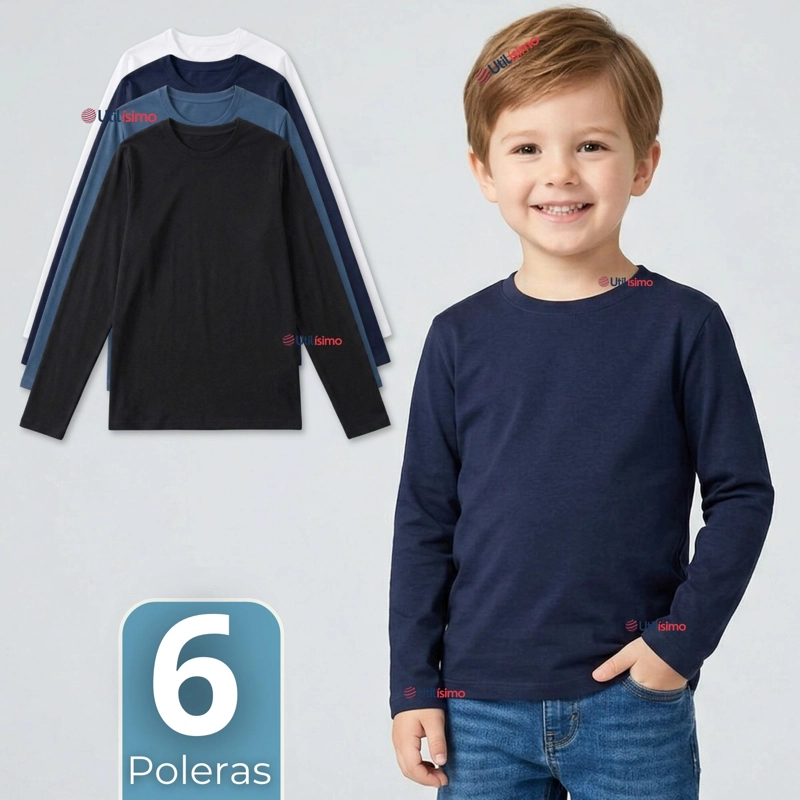 PACK 6 POLERAS CAMISETAS BAMBU CUELLO REDONDO PRIMERA CAPA MANGA LARGA COLORES SURTIDO NIÑO - 1