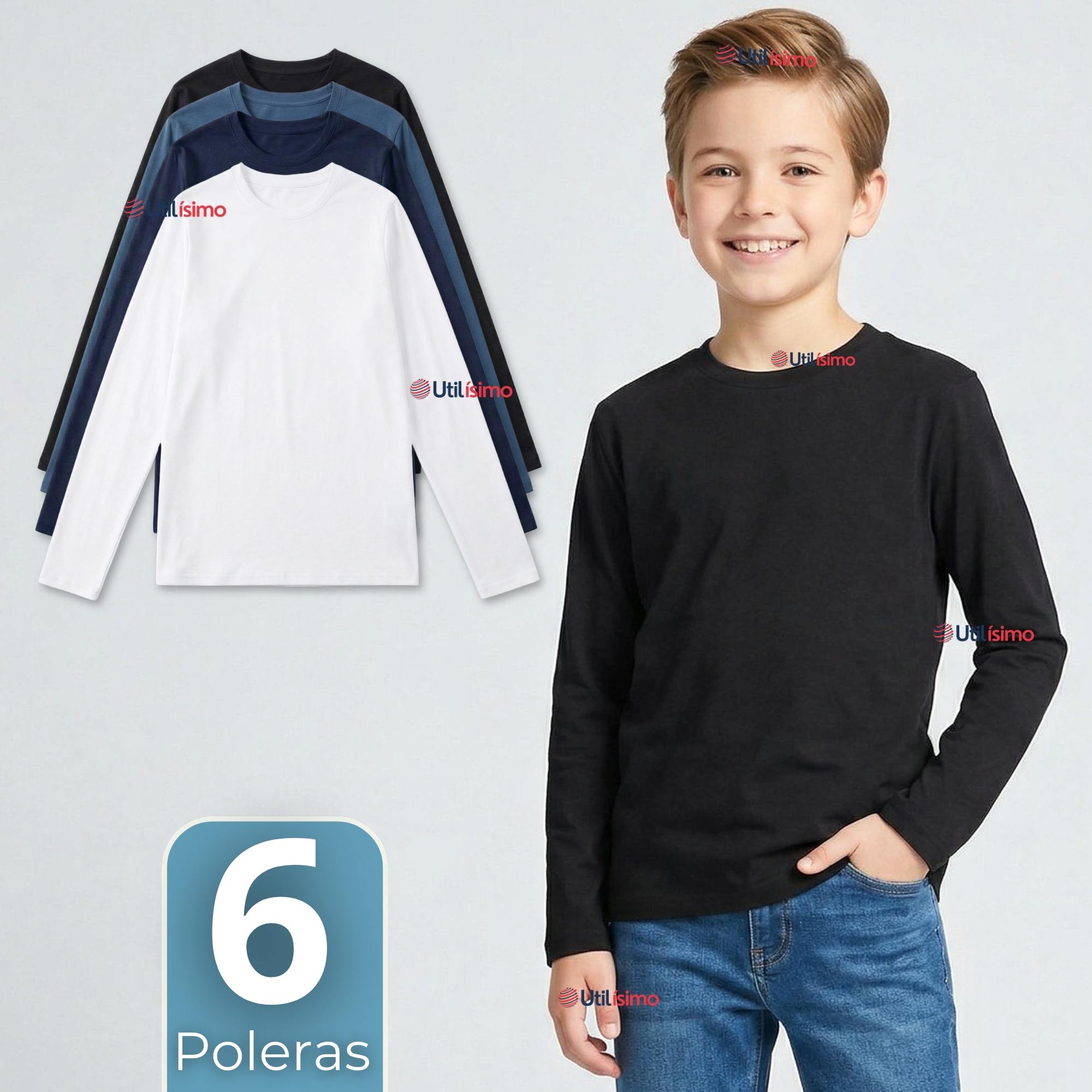 PACK 6 POLERAS CAMISETAS BAMBU CUELLO REDONDO PRIMERA CAPA MANGA LARGA COLORES SURTIDO NIÑO - 1