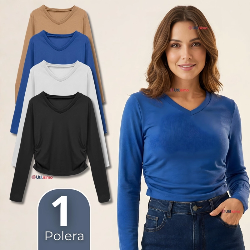 CAMISETA POLAR POLERA CUELLO V MUJER MANGA LARGA TELA ACANALADA COLORES SURTIDOS - 1