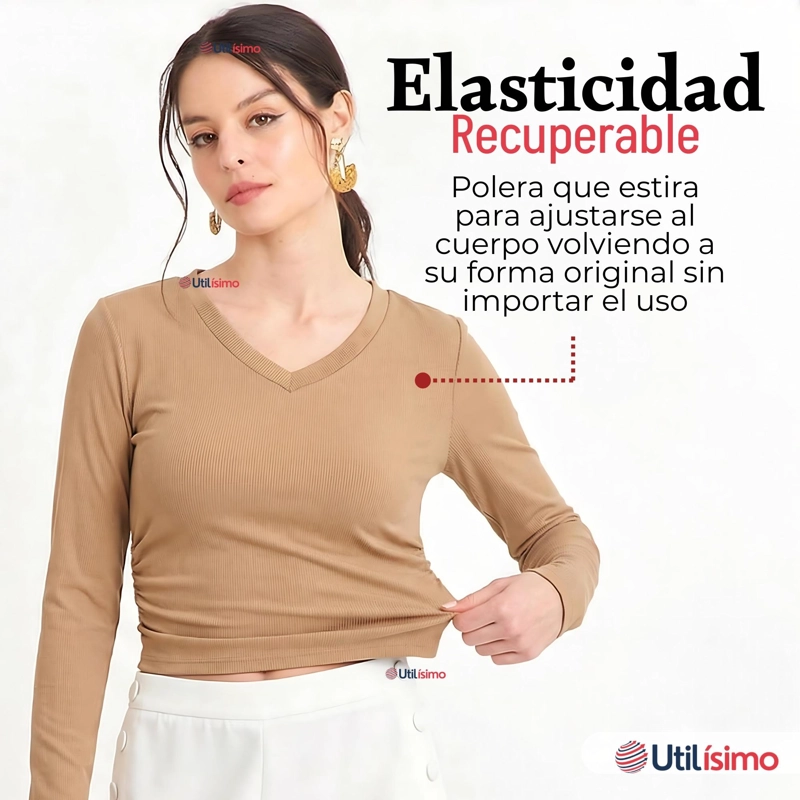 CAMISETA POLAR POLERA CUELLO V MUJER MANGA LARGA TELA ACANALADA COLORES SURTIDOS - 6