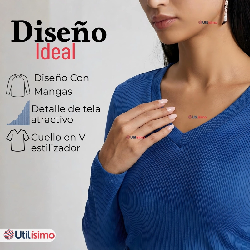 CAMISETA POLAR POLERA CUELLO V MUJER MANGA LARGA TELA ACANALADA COLORES SURTIDOS - 8