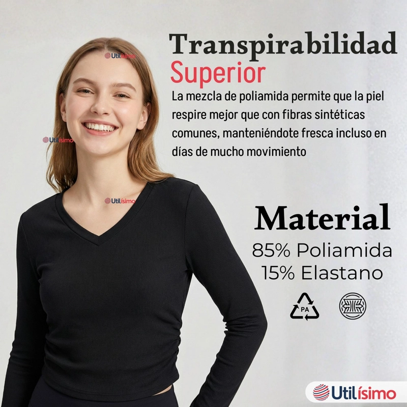 CAMISETA POLAR POLERA CUELLO V MUJER MANGA LARGA TELA ACANALADA COLORES SURTIDOS - 9