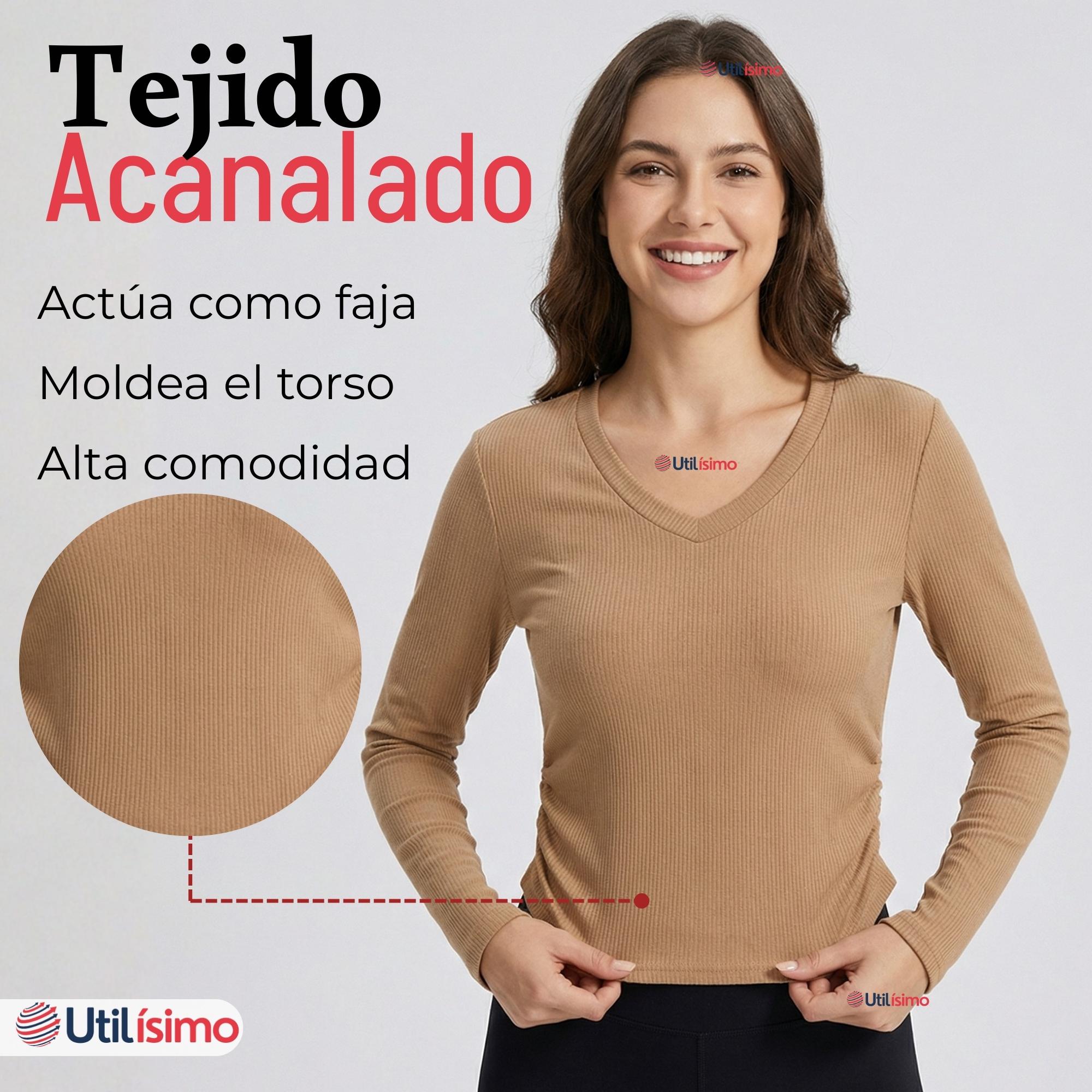 CAMISETA POLAR POLERA CUELLO V MUJER MANGA LARGA TELA ACANALADA COLORES SURTIDOS - 10