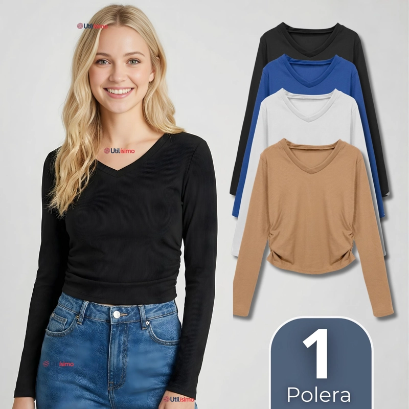 CAMISETA POLAR POLERA CUELLO V MUJER MANGA LARGA TELA ACANALADA COLORES SURTIDOS - 1