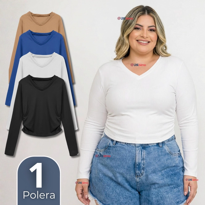 CAMISETA POLAR POLERA CUELLO V MUJER MANGA LARGA TELA ACANALADA COLORES SURTIDOS - 1
