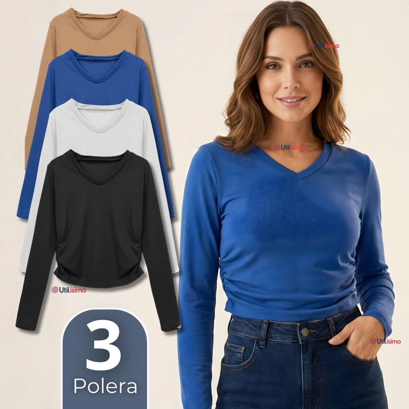 PACK 3 CAMISETAS POLAR POLERA CUELLO V MUJER MANGA LARGA TELA ACANALADA COLORES SURTIDOS - 1