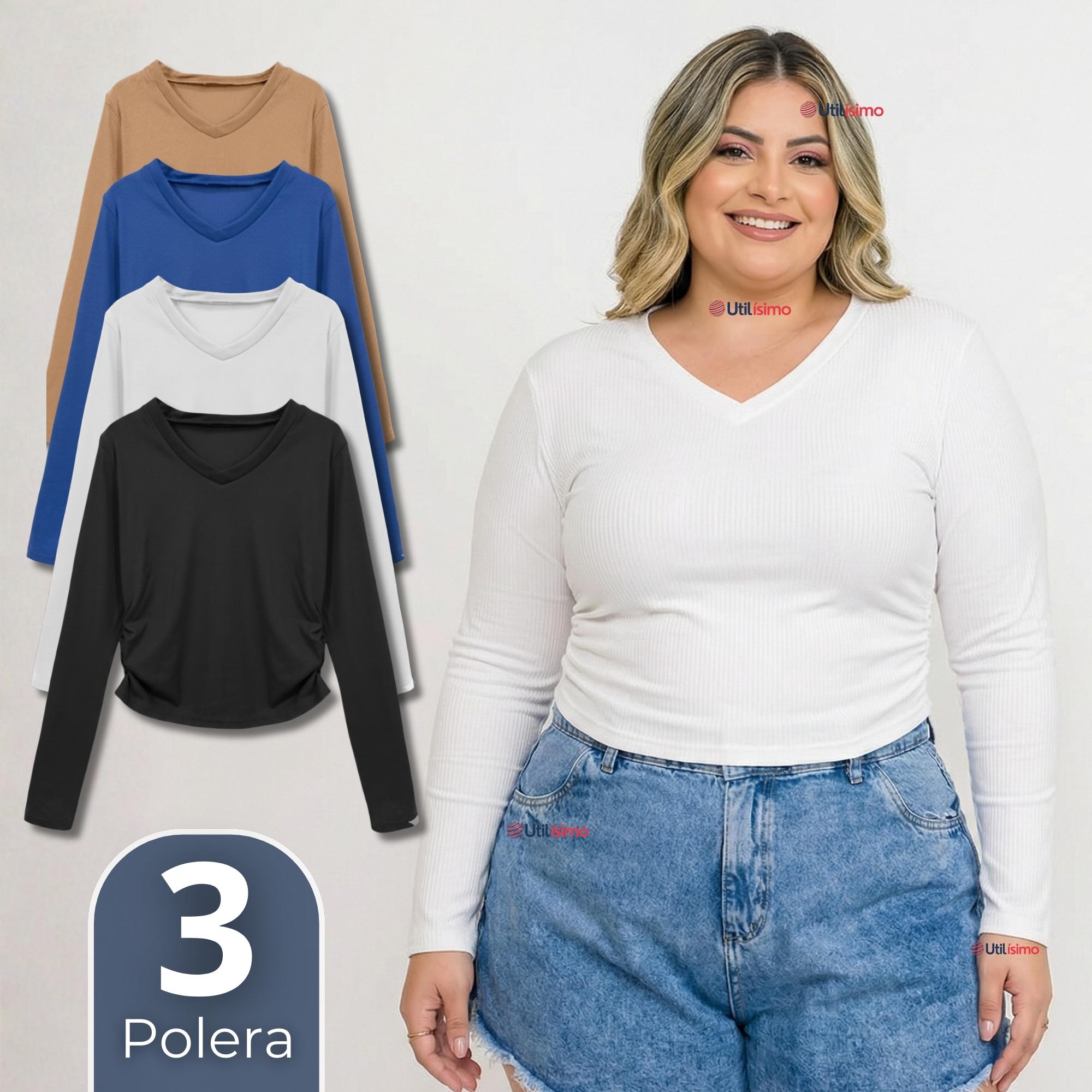 PACK 3 CAMISETAS POLAR POLERA CUELLO V MUJER MANGA LARGA TELA ACANALADA COLORES SURTIDOS - 1