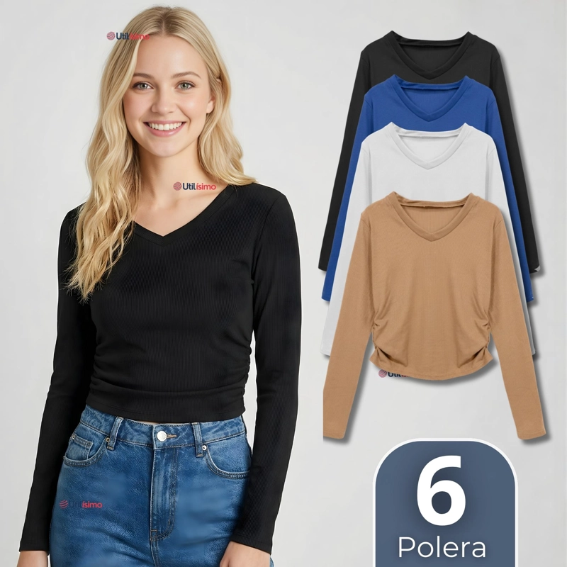 PACK 6 CAMISETAS POLAR POLERA CUELLO V MUJER MANGA LARGA TELA ACANALADA COLORES SURTIDOS - 1