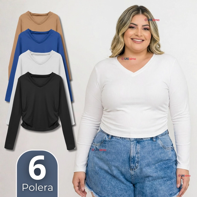 PACK 6 CAMISETAS POLAR POLERA CUELLO V MUJER MANGA LARGA TELA ACANALADA COLORES SURTIDOS - 1