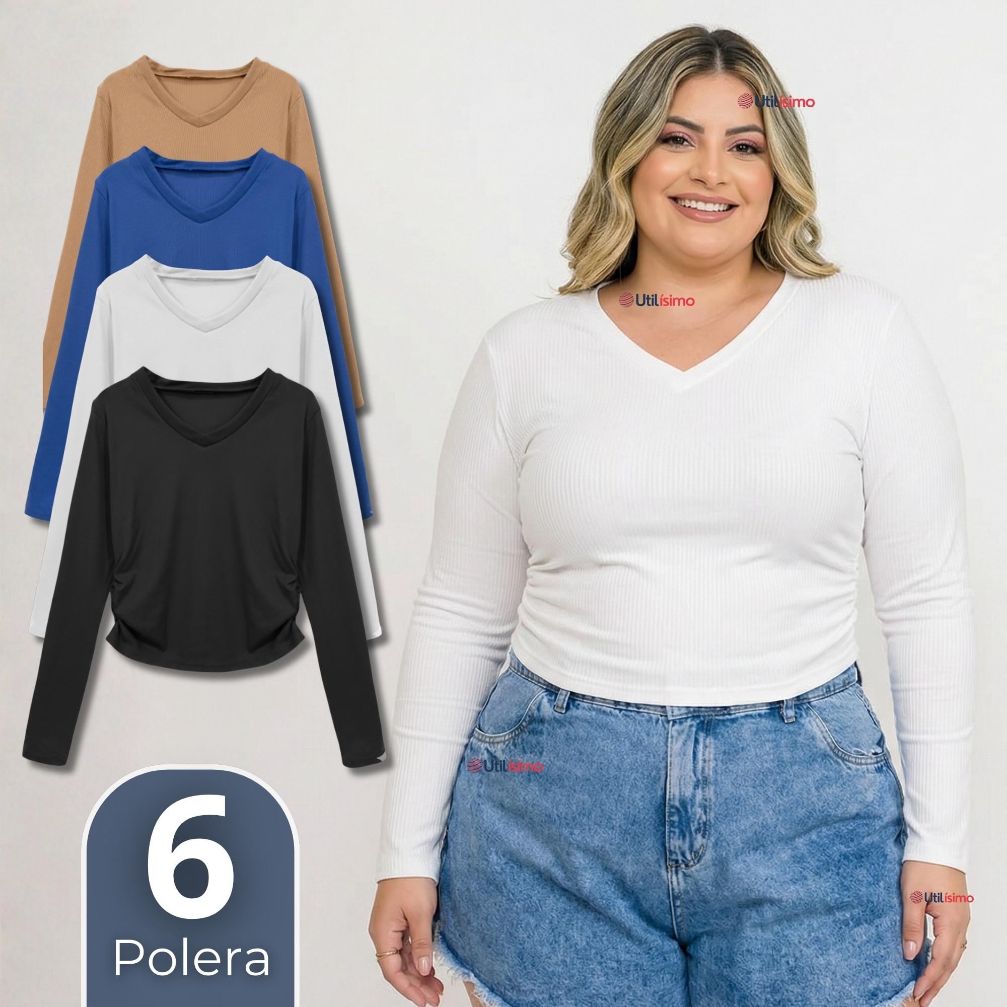 PACK 6 CAMISETAS POLAR POLERA CUELLO V MUJER MANGA LARGA TELA ACANALADA COLORES SURTIDOS - 1