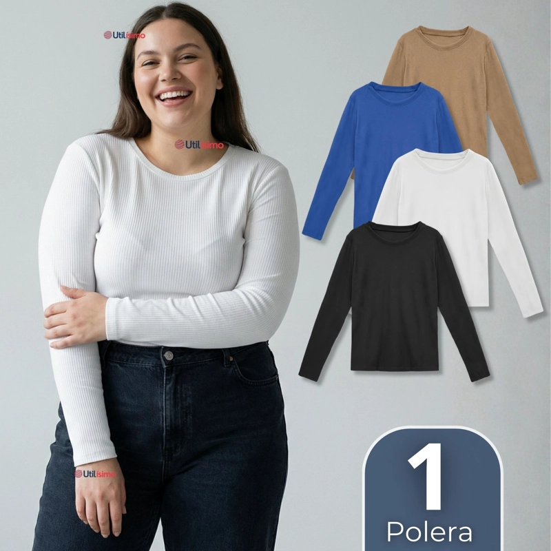 CAMISETA POLAR POLERA CUELLO REDONDO MUJER MANGA LARGA TELA ACANALADA COLORES SURTIDOS - 1
