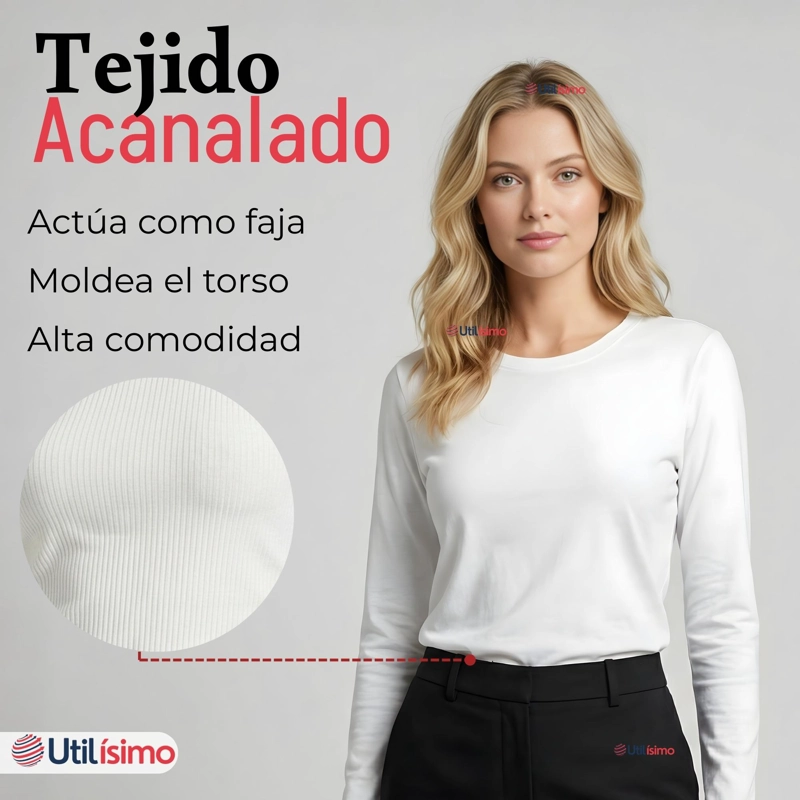 CAMISETA POLAR POLERA CUELLO REDONDO MUJER MANGA LARGA TELA ACANALADA COLORES SURTIDOS - 8
